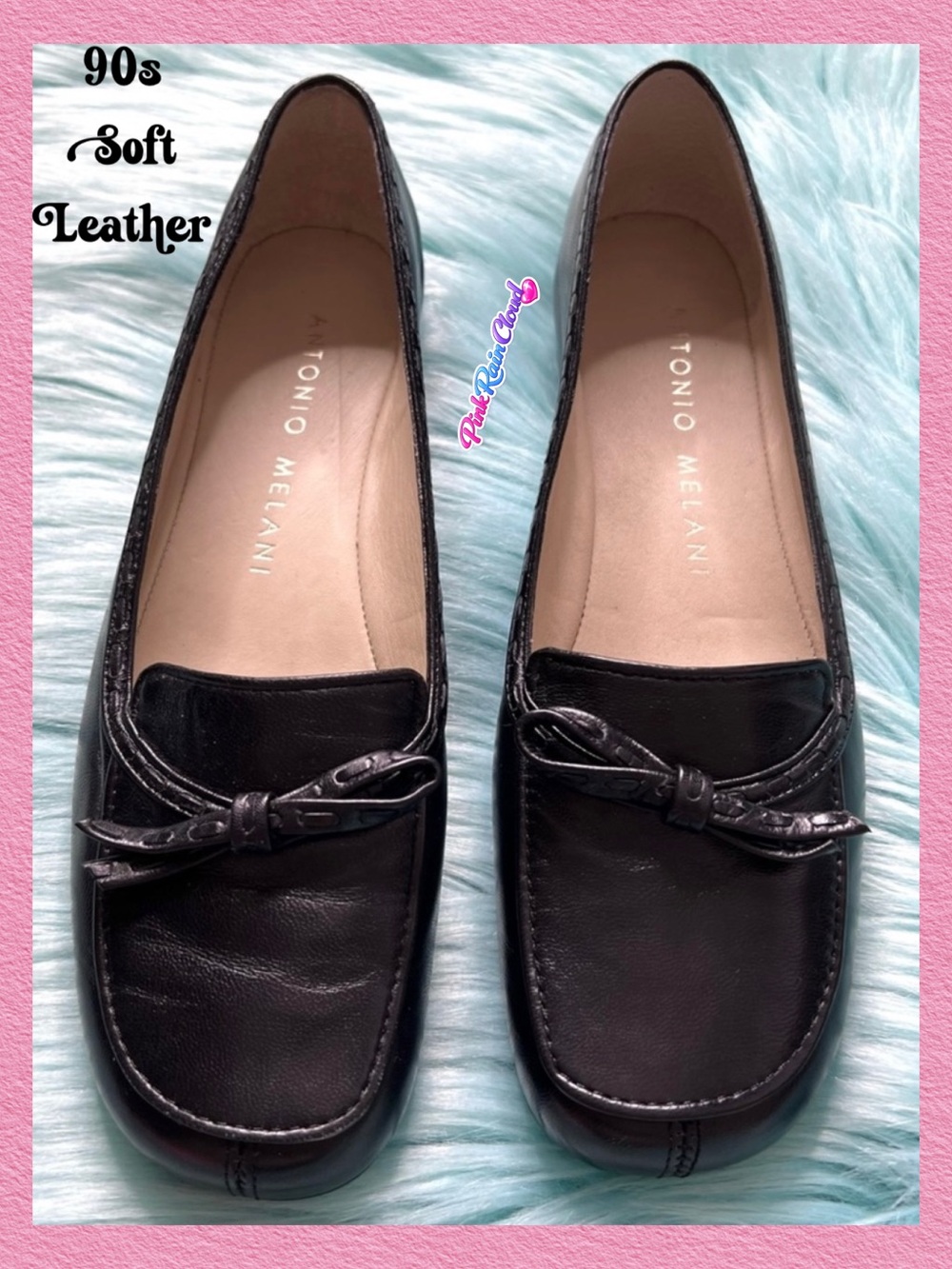 Antonio Melani 90s Black Soft Leather Loafers Women’s 7.5 Slip On Bow Accent